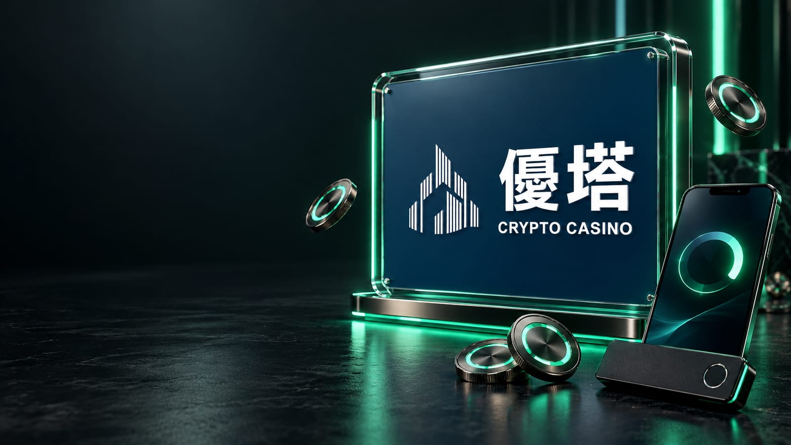 優塔(UTOWN)官方 logo 的發光招牌:白色塔形標誌與「優塔 CRYPTO CASINO」字樣,前面是顯示 USDT 錢包畫面的手機、硬體錢包與 USDT 幣