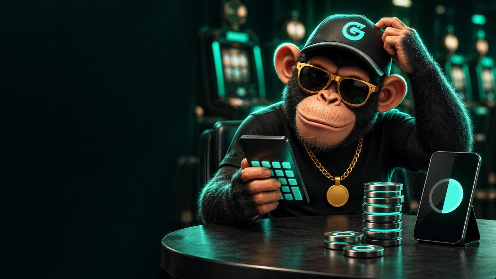 GoFun 的猴子吉祥物戴著 G 字帽,坐在老虎機前拿著計算機抓頭,桌上一疊發光的硬幣和一支顯示進度環的手機