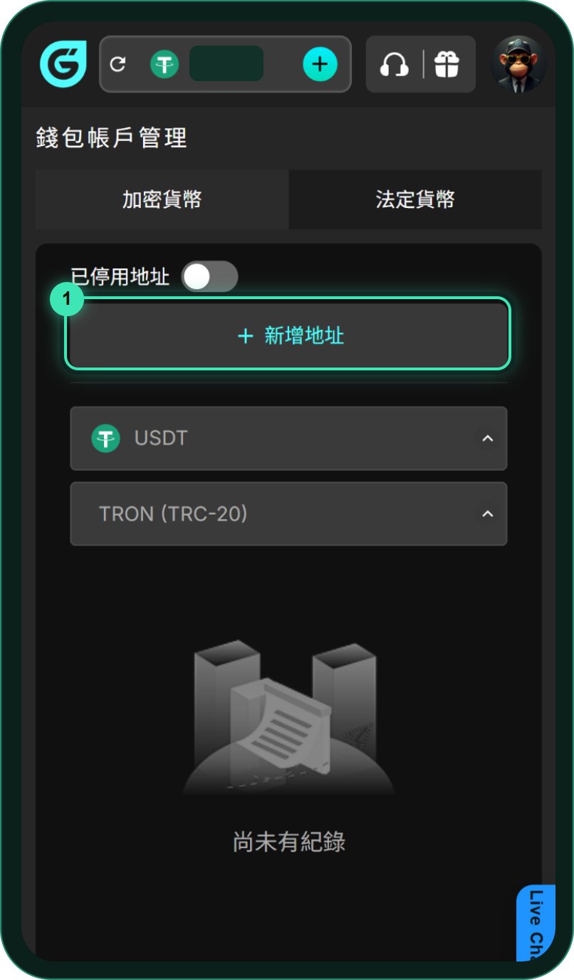 GoFun 錢包帳戶管理頁：加密貨幣分頁、已停用地址開關、新增地址按鈕、USDT 與 TRON（TRC-20）下拉